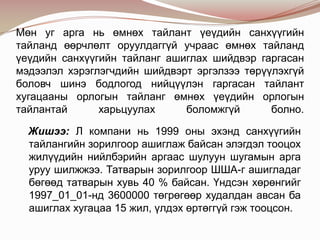 Мөн уг арга нь өмнөх тайлант үеүдийн санхүүгийн
тайланд өөрчлөлт оруулдаггүй учраас өмнөх тайланд
үеүдийн санхүүгийн тайланг ашиглах шийдвэр гаргасан
мэдээлэл хэрэглэгчдийн шийдвэрт эргэлзээ төрүүлэхгүй
боловч шинэ бодлогод нийцүүлэн гаргасан тайлант
хугацааны орлогын тайланг өмнөх үеүдийн орлогын
тайлантай
харьцуулах
боломжгүй
болно.

Жишээ: Л компани нь 1999 оны эхэнд санхүүгийн
тайлангийн зорилгоор ашиглаж байсан элэгдэл тооцох
жилүүдийн нийлбэрийн аргаас шулуун шугамын арга
уруу шилжжээ. Татварын зорилгоор ШША-г ашигладаг
бөгөөд татварын хувь 40 % байсан. Үндсэн хөрөнгийг
1997_01_01-нд 3600000 төгрөгөөр худалдан авсан ба
ашиглах хугацаа 15 жил, үлдэх өртөггүй гэж тооцсон.

 