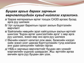 Буцаах аргыг дараах зарчмын
өөрчлөлтүүдийн хувьд нийтлэг хэрэглэнэ.
а/ Бараа материалын өртөг тооцох САЭЗ аргаас бусад
арга руу шилжих
б/ Урт хугацаат барилгын гэрээт ажлын бүртгэлийн
өөрчлөлт
в/ Байгалийн нөөцийн эрэл хайгууллын ажлын өртгийг
шингээх “Бүрэн өртөг шингээлтийн арга” с өөр арга
руу шилжих, эсвэл өөр энэ арга руу шилжих
г/ Өмчийн нэмэлт капитал олж авах, бизесийн нэгдэл
хийх эсвэл үнэт цаасаа бүртгүүлэхийн тулд компани
анх удаа санхүүгийн тайлан гаргах
д/ НББ-н зарчмын өөрчлөлтийг буцаан авч үзэхийг
мэргэжлийн үүднээс шаардсан. Жш: өртгийн аргаа
өмчийн арга руу буцаан авч үзэх.

 