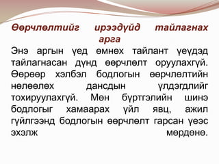 Өөрчлөлтийг

ирээдүйд
тайлагнах
арга
Энэ аргын үед өмнөх тайлант үеүдэд
тайлагнасан дүнд өөрчлөлт оруулахгүй.
Өөрөөр хэлбэл бодлогын өөрчлөлтийн
нөлөөлөх
дансдын
үлдэгдлийг
тохируулахгүй. Мөн бүртгэлийн шинэ
бодлогыг хамаарах үйл явц, ажил
гүйлгээнд бодлогын өөрчлөлт гарсан үеэс
эхэлж
мөрдөнө.

 