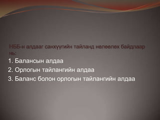 1. Балансын алдаа
2. Орлогын тайлангийн алдаа
3. Баланс болон орлогын тайлангийн алдаа

 