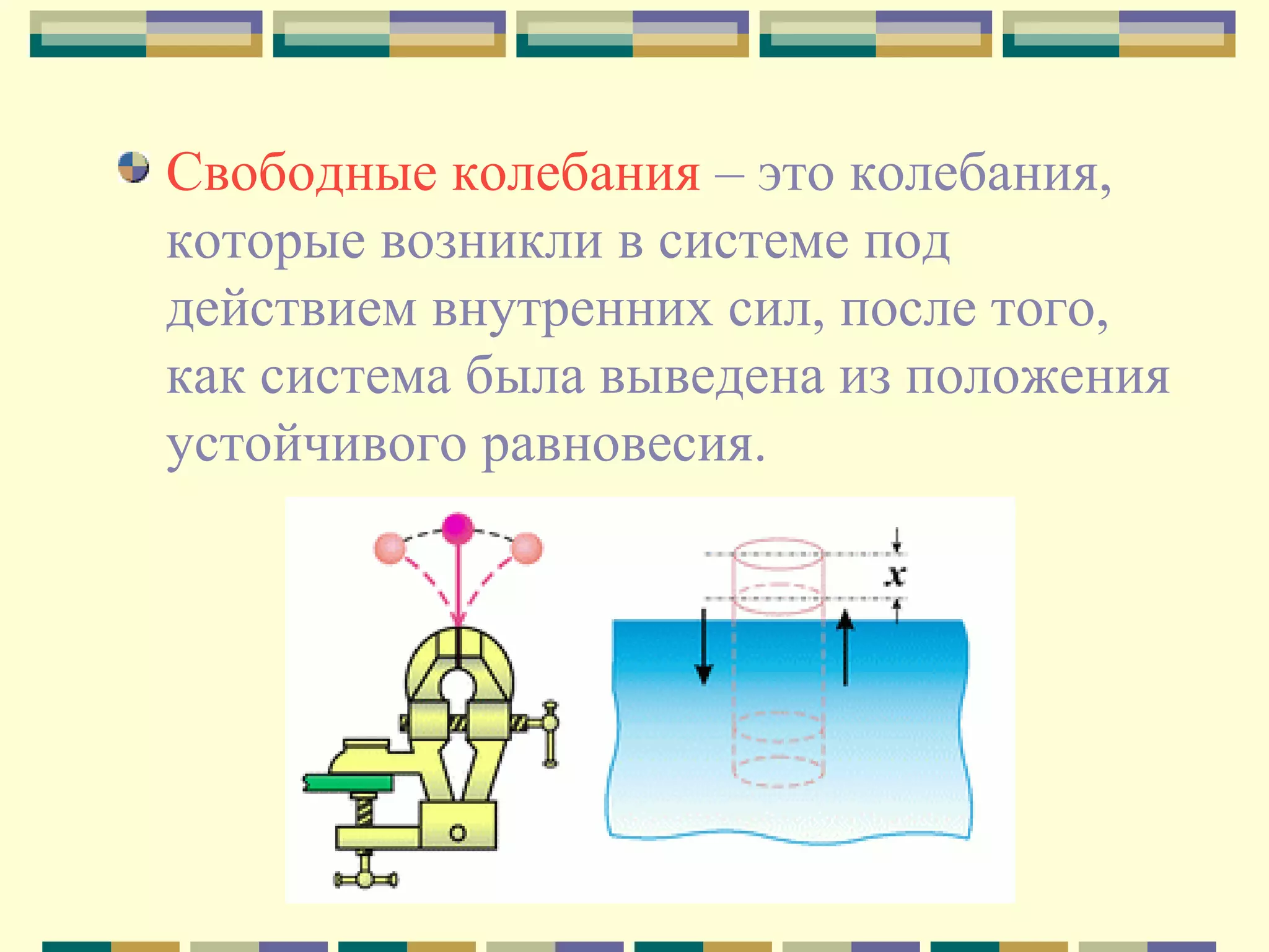 Свободные колебания – это колебания,
которые возникли в системе под
действием внутренних сил, после того,
как система была выведена из положения
устойчивого равновесия.

 