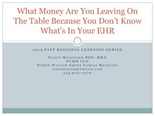 What Money Are You Leaving On
The Table Because You Don’t Know
What's In Your EHR
2013 PAFP REGIONAL LEARNING SERIES
NANCY MEISINGER BSN, MBA
PCMH CCE
NORTH WILLOW GROVE FAMILY MEDICINE
NMEISINGER@ NWGFM.COM
215-672-7070

 