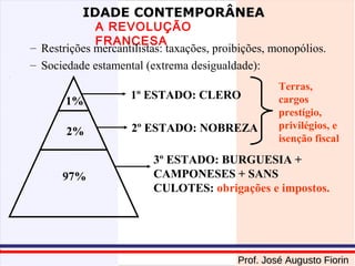 IDADE CONTEMPORÂNEA

A REVOLUÇÃO
FRANCESA
– Restrições mercantilistas: taxações, proibições, monopólios.
– Sociedade estamental (extrema desigualdade):
1%
2%

97%

1º ESTADO: CLERO
2º ESTADO: NOBREZA

Terras,
cargos
prestígio,
privilégios, e
isenção fiscal

3º ESTADO: BURGUESIA +
CAMPONESES + SANS
CULOTES: obrigações e impostos.

Prof. José Augusto Fiorin

 