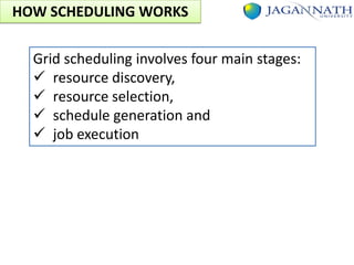 HOW SCHEDULING WORKS
Grid scheduling involves four main stages:
 resource discovery,
 resource selection,
 schedule generation and
 job execution

 