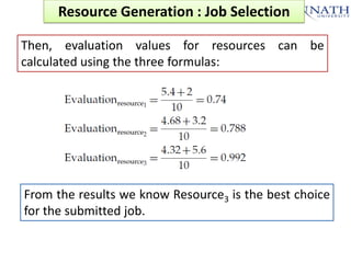 Resource Generation : Job Selection
Then, evaluation values for resources can be
calculated using the three formulas:

From the results we know Resource3 is the best choice
for the submitted job.

 