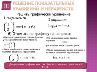 III
Решить графически уравнение
1 вариант
2 вариант
х
1 
log 3 x = 4 − x.
  =4 х +6;
2 
б) Ответить по графику на вопросы:
На

каком промежутке график функции
у=4х+6 расположен выше графика
х

1 
у = 
2 
Какое наибольшее целое значение х
является решением неравенства

На

каком промежутке график
функции

у = log3 x

расположен выше графика у=4-х.
Какое

наименьшее целое значение х
является решением неравенства

х

1 
6
   4х + ;
2 

log 3 x ≥ 4 − x

Для решения графическим способом использовать средства MS
Excel.

 