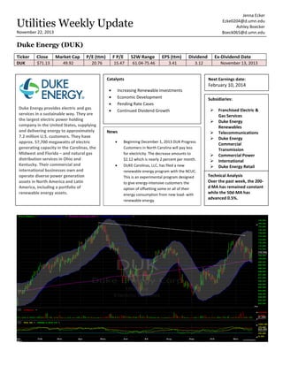 Jenna Ecker
Ecke0204@d.umn.edu
Ashley Boecker
Boeck065@d.umn.edu

Utilities Weekly Update
November 22, 2013

Duke Energy (DUK)
Ticker

Close

Market Cap

P/E (ttm)

F P/E

52W Range

EPS (ttm)

Dividend

DUK

$71.13

49.92

20.76

15.47

61.04-75.46

3.41

3.12

Catalysts

Duke Energy provides electric and gas
services in a sustainable way. They are
the largest electric power holding
company in the United States, supplying
and delivering energy to approximately
7.2 million U.S. customers. They have
approx. 57,700 megawatts of electric
generating capacity in the Carolinas, the
Midwest and Florida – and natural gas
distribution services in Ohio and
Kentucky. Their commercial and
international businesses own and
operate diverse power generation
assets in North America and Latin
America, including a portfolio of
renewable energy assets.

Ex-Dividend Date
November 13, 2013

Next Earnings date:

February 10, 2014






Increasing Renewable Investments
Economic Development
Pending Rate Cases
Continued Dividend Growth

Subsidiaries:



News




Beginning December 1, 2013 DUK Progress
Customers in North Carolina will pay less
for electricity. The decrease amounts to
$2.12 which is nearly 2 percent per month.
DUKE Carolinas, LLC, has filed a new
renewable energy program with the NCUC.
This is an experimental program designed
to give energy-intensive customers the
option of offsetting some or all of their
energy consumption from new load- with
renewable energy.








Franchised Electric &
Gas Services
Duke Energy
Renewables
Telecommunications
Duke Energy
Commercial
Transmission
Commercial Power
International
Duke Energy Retail

Technical Analysis
Over the past week, the 200d MA has remained constant
while the 50d-MA has
advanced 0.5%.

 