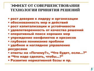ЭФФЕКТ ОТ СОВЕРШЕНСТВОВАНИЯ
ТЕХНОЛОГИИ ПРИНЯТИЯ РЕШЕНИЙ
• рост доверия к лидеру и организации
• обоснованность мер и действий
• рост капитализации и устойчивости
• удовлетворенность от качества решений
• оперативный поиск хороших мер
• упреждение конфликтов и кризисов
• глубокое понимание проблем
• удобное и наглядное управление
ресурсами
• ответы на «Почему?», “Что будет, если…?”
и “Что надо сделать, чтобы...?”
• Развитие нормативной базы и пр.

 