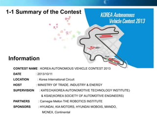 1-1 Summary of the Contest

Information
CONTEST NAME : KOREA AUTONOMOUS VEHICLE CONTEST 2013
DATE
LOCATION
HOST
SUPERVISION

: 2013/10/11
: Korea International Circuit
: MINISTRY OF TRADE. INDUSTRY & ENERGY
: KATECH(KOREA AUTONOMOTIVE TECHNOLOGY INSTITUTE)
& KSAE(KOREA SOCIETY OF AUTOMOTIVE ENGINEERS)

PARTNERS

: Carnegie Mellon THE ROBOTICS INSTITUTE

SPONSORS

: HYUNDAI, KIA MOTORS, HYUNDAI MOBOIS, MANDO,
MCNEX, Continental

 