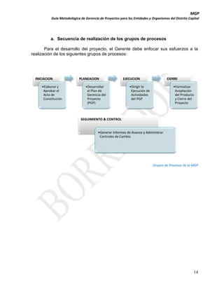 MGP
Guía Metodológica de Gerencia de Proyectos para las Entidades y Organismos del Distrito Capital

a. Secuencia de realización de los grupos de procesos
Para el desarrollo del proyecto, el Gerente debe enfocar sus esfuerzos a la
realización de los siguientes grupos de procesos:

INICIACION
•Elaborar y
Aprobar el
Acta de
Constitución

PLANEACION
•Desarrollar
el Plan de
Gerencia del
Proyecto
(PGP)

EJECUCION

CIERRE

•Dirigir la
Ejecución de
Actividades
del PGP

•Formalizar
Aceptación
del Producto
y Cierre del
Proyecto

SEGUIMIENTO & CONTROL

•Generar Informes de Avance y Administrar
Controles de Cambio

Grupos de Procesos de la MGP

14

 