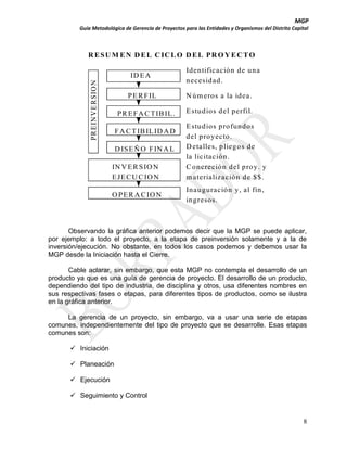 MGP
Guía Metodológica de Gerencia de Proyectos para las Entidades y Organismos del Distrito Capital

R E S U M E N D E L C IC L O D E L P R O Y E C T O

P R E IN V E R S IO N

ID E A
P E R F IL
P R E F A C T IB IL .
F A C T IB IL ID A D
D IS E Ñ O F IN A L
IN V E R S IO N
E JE C U C IO N
O P E R A C IO N

Identificación de una
necesidad.
N úm eros a la idea.
E studios del perfil.
E studios profundos
del proyecto.
D etalles, pliegos de
la licitación.
C oncreción del proy. y
m aterialización de $$.
Inauguración y, al fin,
ingresos.

Observando la gráfica anterior podemos decir que la MGP se puede aplicar,
por ejemplo: a todo el proyecto, a la etapa de preinversión solamente y a la de
inversión/ejecución. No obstante, en todos los casos podemos y debemos usar la
MGP desde la Iniciación hasta el Cierre.
Cable aclarar, sin embargo, que esta MGP no contempla el desarrollo de un
producto ya que es una guía de gerencia de proyecto. El desarrollo de un producto,
dependiendo del tipo de industria, de disciplina y otros, usa diferentes nombres en
sus respectivas fases o etapas, para diferentes tipos de productos, como se ilustra
en la gráfica anterior.
La gerencia de un proyecto, sin embargo, va a usar una serie de etapas
comunes, independientemente del tipo de proyecto que se desarrolle. Esas etapas
comunes son:
 Iniciación
 Planeación
 Ejecución
 Seguimiento y Control

8

 