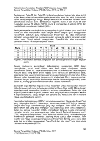 Koleksi Artikel Penyelidikan Tindakan PISMP SN amb. Januari 2009,
Seminar Penyelidikan Tindakan IPG KBL Tahun 2012, ms. 116-131

Berdasarkan Rajah10 dan Rajah11, terdapat perubahan tingkah laku atau aktiviti
antara keempat-empat responden pada pemerhatian awal dan akhir tinjauan iaitu
dalam selang tempoh tiga minggu. Hampir semua murid melakukan tindakan dalam
pemerhatian tinjauan akhir. Berdasarkan Rajah11, murid A dan murid D telah
melakukan semua 10 aktiviti (100%), murid B menjalankan 8 aktiviti (80%) dan
murid C telah menjalankan 9 aktiviti (90%).
Peningkatan perbezaan tingkah laku yang paling tinggi dicatatkan pada murid B di
mana dia telah menjalankan lebih banyak aktiviti selepas guru menggunakan
PowerPoint. Sebelum guru menggunakan PowerPoint dia tidak memberikan
perhatian semasa rakannya menjawab soalan kerana dia sedang berangan-angan
dalam kelas. Tetapi setelah menggunakan PowerPointdia telah memberikan
perhatian semasa rakannya menjawab soalan.
Murid
I
II
A
9
5
B
5
3
C
7
4
D
7
5
Rajah11. Pemerhatian
akhir).

Skan
III
IV
V
VI
4
4
5
5
2
2
3
4
2
3
3
3
4
semasa pengajaran dan

VII
VIII
IX
4
4
5
1
3
3
2
3
3
5
4
5
pembelajaran bilik

X
%
1
100
1
80
1
90
1
100
darjah (tinjauan

Secara ringkasnya, pemantauan keberkesanan penggunaan BBM dalam
meningkatkan minat murid dalam sains telah dapat ditunjukkan melalui
pemerhatian. Selain itu, saya telah menemu bual rakan kolaborasi saya mengenai
maklum balas yang boleh diberi kepada saya berasaskan pemerhatian beliau
sepanjang masa saya menjalani pengajaran dan pembelajaran di kelas tahun 3 Biru.
Menurut beliau, interaksi saya dengan murid adalah baik. Murid juga memberikan
perhatian dengan sepenuhnya terutamanya apabila saya menayangkan klip video.
Selain itu, murid juga telah memberikan fokus kepada PowerPoint.
Soalselidik juga diberikan kepada semua responden untuk mendapatkan maklum
balas tentang minat murid terhadap pembelajaran Sains. Soal selidik dibina dengan
lapan item untuk menentukan minat murid terhadap matapelajaran Sains. (sila rujuk
Rajah12) Berdasarkan Rajah12, maklum balas yang diperoleh adalah positif kerana
4 responden (100% ) setuju dengan item pertama iaitu Kelas Sains hari ini menarik
(Saya suka kelas Sains hari ini).
Keempat-empat responden (100% ) bersetuju dengan item “Saya suka PowerPoint
yang ditayangkan hari ini”. Seterusnya, semua responden (100%) juga bersetuju
dengan item “Saya boleh faham apa yang cikgu mengajar” . Item kelima iaitu “Saya
boleh faham apa yang cikgu mengajar” juga dipersetujui oleh semua responden.
Selain itu, semua responden (100%) mengatakan bahawa mereka memberikan
perhatian kepada guru sepanjang masa dalam item 6. Terdapat tiga orang murid
(75%) yang setuju dengan item 7 iaitu “Kelas hari ini tidak bising kerana kawan juga
memberikan perhatian” manakala seorang murid (25%) tidak bersetuju. Item
terakhir iaitu “Saya suka cikgu menggunakan PowerPoint dan klip video (saya tidak
suka jika guru tidak menggunakan PowerPoint dan klip video)” juga dipersetujui
oleh semua responden (100%).
127
Seminar Penyelidikan Tindakan IPG KBL Tahun 2012
27&28September 2012/ IPG KBL

 