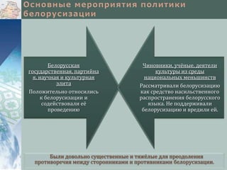 Белорусская
государственная, партийна
я, научная и культурная
элита
Положительно относились
к белорусизации и
содействовали её
проведению

Чиновники, учёные, деятели
культуры из среды
национальных меньшинств
Рассматривали белорусизацию
как средство насильственного
распространения белорусского
языка. Не поддерживали
белорусизацию и вредили ей.

Были довольно существенные и тяжёлые для преодоления
противоречия между сторонниками и противниками белорусизации.

 