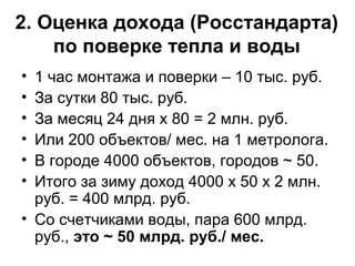 2. Оценка дохода (Росстандарта)
по поверке тепла и воды
•
•
•
•
•
•

1 час монтажа и поверки – 10 тыс. руб.
За сутки 80 тыс. руб.
За месяц 24 дня х 80 = 2 млн. руб.
Или 200 объектов/ мес. на 1 метролога.
В городе 4000 объектов, городов ~ 50.
Итого за зиму доход 4000 х 50 х 2 млн.
руб. = 400 млрд. руб.
• Со счетчиками воды, пара 600 млрд.
руб., это ~ 50 млрд. руб./ мес.

 