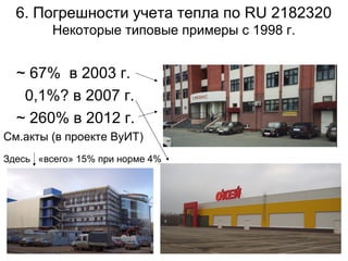 6. Погрешности учета тепла по RU 2182320
Некоторые типовые примеры с 1998 г.

~ 67% в 2003 г.
0,1%? в 2007 г.
~ 260% в 2012 г.
См.акты (в проекте ВуИТ)
Здесь «всего» 15% при норме 4%

 