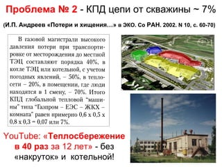 Проблема № 2 - КПД цепи от скважины ~ 7%
(И.П. Андреев «Потери и хищения…» в ЭКО. Со РАН. 2002. N 10, с. 60-70)

YouTube: «Теплосбережение
в 40 раз за 12 лет» - без
«накруток» и котельной!

 