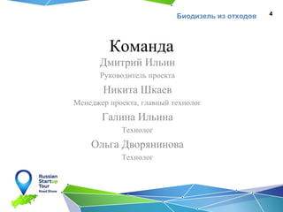 Биодизель из отходов

Команда
Дмитрий Ильин
Руководитель проекта

Никита Шкаев
Менеджер проекта, главный технолог

Галина Ильина
Технолог

Ольга Дворянинова
Технолог

4

 