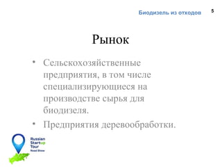 Биодизель из отходов

Рынок
• Сельскохозяйственные
предприятия, в том числе
специализирующиеся на
производстве сырья для
биодизеля.
• Предприятия деревообработки.

5

 