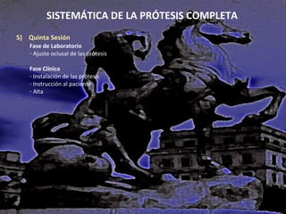 SISTEMÁTICA DE LA PRÓTESIS COMPLETA
5) Quinta Sesión
Fase de Laboratorio
- Ajuste oclusal de las prótesis
Fase Clínica
- Instalación de las prótesis
- Instrucción al paciente
- Alta

 