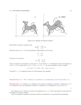 I.4. FUNCIONES CONFORMES

19

w = f(z)

z
α6
α7

α7

α6
α5

H

α8

α3

α2

z1

w5
α3

z5

α8

α4

α1

α5

f(H)

α2

α1

z4

α4

w4

w1

Figura I.4.1: Ejemplo de Funci´n Conforme
o
Escribiendo esta ultima condic´n como
´
o
a −d
c b

det

= 0,

deducimos que (a, c) y (−d, b) son linealmente independientes, por lo tanto
−d
b

= λa
= λc

La matriz es de la forma
A=

a λc
c −λa

.

Como A conserva la orientaci´n, se tiene det A > 0, de donde λ < 0. Finalmente viendo las im´genes de
o
a
(1, 1) y (−1, 1), se tiene que (a + λc, c − λa) y (−a + λc, −c − λa) son ortogonales, lo que se traduce
−a2 + λ2 c2 − c2 + λ2 a2 = (λ2 − 1)(a2 + c2 ) = 0,
de donde λ = −1. La aplicaci´n lineal A es efectivamente una similitud.
o

Teorema I.4.1 f : U → R2 es conforme, si y solamente si f es holomorfa y f (a) = 0 para todo a ∈ U .
Demostraci´n.- f es conforme, si y solamente si fa respecta los ´ngulos en sentido y orientaci´n ∀a ∈ U ;
o
a
o
si y solamente si fa es un isomorﬁsmo C-lineal; si y solamente si f es holomorfa y f (a) = 0 ∀a ∈ C.

En la ﬁgura I.4.1, se observa la acci´n de la aplicaci´n f (z) = (z + 0,2)2 , apreciando la conservaci´n de
o
o
o
los ´ngulos en tama`o y sentido.
a
n
Como un ejemplo de familia de funciones conformes estudiaremso con m´s detalle las homograf´
a
ıas.

 