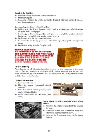   28	
  
Court	
  of	
  the	
  Gentiles	
  
Vendors	
  selling	
  souvenirs,	
  sacrificial	
  animals	
  
Money	
  changers	
  
Kohanim	
   (Priests)	
   in	
   white	
   garments	
   directed	
   pilgrims,	
   advised	
   type	
   of	
  
sacrifices	
  necessary	
  
	
  
Surrounding	
  the	
  Court	
  of	
  the	
  Gentiles	
  
Behind	
   was	
   the	
   Royal	
   Portico	
   which	
   had	
   a	
   marketplace,	
   administrative	
  
quarters	
  and	
  a	
  synagogue	
  
On	
  the	
  upper	
  floors,	
  the	
  great	
  Jewish	
  Sages	
  held	
  court;	
  Kohanim	
  (priests)	
  and	
  
Levites	
  performed	
  chores;	
  tourists	
  could	
  observe	
  
To	
  the	
  east	
  was	
  the	
  Portico	
  of	
  Solomon	
  
To	
  the	
  north,	
  the	
  Soreg,	
  giant	
  stone	
  structure	
  separating	
  public	
  from	
  Jewish	
  
areas.	
  
Within	
  the	
  Soreg	
  was	
  the	
  Temple	
  itself.	
  
	
  
TEMPLE WARNING:
NO FOREIGNER IS TO GO BEYOND
THE BALUSTRADE AND THE PLAZA
OF THE TEMPLE ZONE WHOEVER IS
CAUGHT DOING SO WILL HAVE
HIMSELF TO BLAME FOR HIS
DEATH WHICH WILL FOLLOW
Inside	
  the	
  Soreg	
  
According	
   to	
   Jewish	
   historian	
   Josephus	
   there	
   were	
   ten	
   entrances	
   to	
   the	
   inner	
  
courts:	
  	
  four	
  on	
  the	
  north;	
  four	
  on	
  the	
  south;	
  one	
  on	
  the	
  east;	
  one	
  for	
  east	
  and	
  
west.	
  	
  Within	
  this	
  section	
  was	
  the	
  Court	
  of	
  the	
  Women,	
  the	
  Court	
  of	
  the	
  Israelites	
  
and	
  the	
  Court	
  of	
  the	
  Priests.	
  
	
  
Court	
  of	
  the	
  Women	
  
For	
  men	
  and	
  women	
  
Place	
   for	
   lepers,	
   considered	
   ritually	
  
unclean	
  
Ritually	
   unclean	
   cohen	
   (priests)	
   could	
  
perform	
  limited	
  duties	
  
Ritual	
   barbershop	
   for	
   Nazirites	
   (took	
  
vows)	
  
	
  
Court	
  of	
  the	
  Israelites	
  and	
  the	
  Court	
  of	
  the	
  
Priests	
  
Court	
  of	
  the	
  Israelites	
  could	
  only	
  be	
  entered	
  
by	
  men	
  
Sacrifices	
  of	
  the	
  high	
  priest	
  from	
  the	
  Court	
  
of	
  Priests	
  was	
  visible	
  from	
  there.	
  
Court	
  of	
  the	
  Priests	
  was	
  reserved	
  for	
  Levite	
  
Priests	
  
	
  
	
  
	
  
 