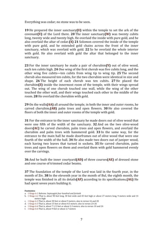   7	
  
Everything	
  was	
  cedar;	
  no	
  stone	
  was	
  to	
  be	
  seen.	
  
19	
  He	
  prepared	
  the	
  inner	
  sanctuary(U)	
  within	
  the	
  temple	
  to	
  set	
  the	
  ark	
  of	
  the	
  
covenant(V)	
   of	
   the	
   Lord	
   there.	
   20	
  The	
   inner	
   sanctuary(W)	
   was	
   twenty	
   cubits	
  
long,	
  twenty	
  wide	
  and	
  twenty	
  high.	
  He	
  overlaid	
  the	
  inside	
  with	
  pure	
  gold,	
  and	
  he	
  
also	
  overlaid	
  the	
  altar	
  of	
  cedar.(X)	
  21	
  Solomon	
  covered	
  the	
  inside	
  of	
  the	
  temple	
  
with	
   pure	
   gold,	
   and	
   he	
   extended	
   gold	
   chains	
   across	
   the	
   front	
   of	
   the	
   inner	
  
sanctuary,	
  which	
  was	
  overlaid	
  with	
  gold.	
  22	
  So	
  he	
  overlaid	
  the	
  whole	
  interior	
  
with	
   gold.	
   He	
   also	
   overlaid	
   with	
   gold	
   the	
   altar	
   that	
   belonged	
   to	
   the	
   inner	
  
sanctuary.	
  
23	
  For	
   the	
   inner	
   sanctuary	
   he	
   made	
   a	
   pair	
   of	
   cherubim(Y)	
   out	
   of	
   olive	
   wood,	
  
each	
  ten	
  cubits	
  high.	
  24	
  One	
  wing	
  of	
  the	
  first	
  cherub	
  was	
  five	
  cubits	
  long,	
  and	
  the	
  
other	
   wing	
   five	
   cubits—ten	
   cubits	
   from	
   wing	
   tip	
   to	
   wing	
   tip.	
   25	
  The	
   second	
  
cherub	
  also	
  measured	
  ten	
  cubits,	
  for	
  the	
  two	
  cherubim	
  were	
  identical	
  in	
  size	
  and	
  
shape.	
   26	
  The	
   height	
   of	
   each	
   cherub	
   was	
   ten	
   cubits.	
   27	
  He	
   placed	
   the	
  
cherubim(Z)	
  inside	
  the	
  innermost	
  room	
  of	
  the	
  temple,	
  with	
  their	
  wings	
  spread	
  
out.	
   The	
   wing	
   of	
   one	
   cherub	
   touched	
   one	
   wall,	
   while	
   the	
   wing	
   of	
   the	
   other	
  
touched	
  the	
  other	
  wall,	
  and	
  their	
  wings	
  touched	
  each	
  other	
  in	
  the	
  middle	
  of	
  the	
  
room.	
  28	
  He	
  overlaid	
  the	
  cherubim	
  with	
  gold.	
  
29	
  On	
  the	
  walls(AA)	
  all	
  around	
  the	
  temple,	
  in	
  both	
  the	
  inner	
  and	
  outer	
  rooms,	
  he	
  
carved	
   cherubim,(AB)	
   palm	
   trees	
   and	
   open	
   flowers.	
   30	
  He	
   also	
   covered	
   the	
  
floors	
  of	
  both	
  the	
  inner	
  and	
  outer	
  rooms	
  of	
  the	
  temple	
  with	
  gold.	
  
31	
  For	
  the	
  entrance	
  to	
  the	
  inner	
  sanctuary	
  he	
  made	
  doors	
  out	
  of	
  olive	
  wood	
  that	
  
were	
   one	
   fifth	
   of	
   the	
   width	
   of	
   the	
   sanctuary.	
   32	
  And	
   on	
   the	
   two	
   olive-­‐wood	
  
doors(AC)	
  he	
  carved	
  cherubim,	
  palm	
  trees	
  and	
  open	
  flowers,	
  and	
  overlaid	
  the	
  
cherubim	
   and	
   palm	
   trees	
   with	
   hammered	
   gold.	
   33	
  In	
   the	
   same	
   way,	
   for	
   the	
  
entrance	
  to	
  the	
  main	
  hall	
  he	
  made	
  doorframes	
  out	
  of	
  olive	
  wood	
  that	
  were	
  one	
  
fourth	
  of	
  the	
  width	
  of	
  the	
  hall.	
  34	
  He	
  also	
  made	
  two	
  doors	
  out	
  of	
  juniper	
  wood,	
  
each	
   having	
   two	
   leaves	
   that	
   turned	
   in	
   sockets.	
   35	
  He	
   carved	
   cherubim,	
   palm	
  
trees	
  and	
  open	
  flowers	
  on	
  them	
  and	
  overlaid	
  them	
  with	
  gold	
  hammered	
  evenly	
  
over	
  the	
  carvings.	
  
36	
  And	
  he	
  built	
  the	
  inner	
  courtyard(AD)	
  of	
  three	
  courses(AE)	
  of	
  dressed	
  stone	
  
and	
  one	
  course	
  of	
  trimmed	
  cedar	
  beams.	
  
37	
  The	
  foundation	
  of	
  the	
  temple	
  of	
  the	
  Lord	
  was	
  laid	
  in	
  the	
  fourth	
  year,	
  in	
  the	
  
month	
  of	
  Ziv.	
  38	
  In	
  the	
  eleventh	
  year	
  in	
  the	
  month	
  of	
  Bul,	
  the	
  eighth	
  month,	
  the	
  
temple	
  was	
  finished	
  in	
  all	
  its	
  details(AF)	
  according	
  to	
  its	
  specifications.(AG)	
  He	
  
had	
  spent	
  seven	
  years	
  building	
  it.	
  
Footnotes:	
  
a. 1	
  Kings	
  6:1	
  Hebrew;	
  Septuagint	
  four	
  hundred	
  and	
  fortieth	
  
b. 1	
  Kings	
  6:2	
  That	
  is,	
  about	
  90	
  feet	
  long,	
  30	
  feet	
  wide	
  and	
  45	
  feet	
  high	
  or	
  about	
  27	
  meters	
  long,	
  9	
  meters	
  wide	
  and	
  14	
  
meters	
  high	
  
c. 1	
  Kings	
  6:3	
  That	
  is,	
  about	
  30	
  feet	
  or	
  about	
  9	
  meters;	
  also	
  in	
  verses	
  16	
  and	
  20	
  
d. 1	
  Kings	
  6:3	
  That	
  is,	
  about	
  15	
  feet	
  or	
  about	
  4.5	
  meters;	
  also	
  in	
  verses	
  23-­‐26	
  
e. 1	
  Kings	
  6:6	
  That	
  is,	
  about	
  7	
  1/2	
  feet	
  or	
  about	
  2.3	
  meters;	
  also	
  in	
  verses	
  10	
  and	
  24	
  
f. 1	
  Kings	
  6:6	
  That	
  is,	
  about	
  9	
  feet	
  or	
  about	
  2.7	
  meters	
  
 