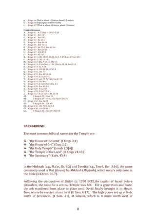   8	
  
g. 1	
  Kings	
  6:6	
  That	
  is,	
  about	
  11	
  feet	
  or	
  about	
  3.2	
  meters	
  
h. 1	
  Kings	
  6:8	
  Septuagint;	
  Hebrew	
  middle	
  
i. 1	
  Kings	
  6:17	
  That	
  is,	
  about	
  60	
  feet	
  or	
  about	
  18	
  meters	
  
	
  
Cross	
  references:	
  
A. 1	
  Kings	
  6:1	
  :	
  6:1-­‐29pp	
  —	
  2Ch	
  3:1-­‐14	
  
B. 1	
  Kings	
  6:1	
  :	
  Ezr	
  3:8	
  
C. 1	
  Kings	
  6:1	
  :	
  Ezr	
  5:11	
  
D. 1	
  Kings	
  6:2	
  :	
  Ex	
  26:1	
  
E. 1	
  Kings	
  6:3	
  :	
  Eze	
  40:49	
  
F. 1	
  Kings	
  6:4	
  :	
  Eze	
  41:16	
  
G. 1	
  Kings	
  6:5	
  :	
  Jer	
  35:2;	
  Eze	
  41:5-­‐6	
  
H. 1	
  Kings	
  6:7	
  :	
  S	
  Ex	
  20:25	
  
I. 1	
  Kings	
  6:7	
  :	
  S	
  Dt	
  27:5	
  
J. 1	
  Kings	
  6:9	
  :	
  SS	
  1:17	
  
K. 1	
  Kings	
  6:11	
  :	
  1Ki	
  12:22;	
  13:20;	
  16:1,	
  7;	
  17:2;	
  21:17;	
  Jer	
  40:1	
  
L. 1	
  Kings	
  6:12	
  :	
  1Ki	
  11:10	
  
M. 1	
  Kings	
  6:12	
  :	
  2Sa	
  7:12-­‐16;	
  1Ki	
  9:5	
  
N. 1	
  Kings	
  6:13	
  :	
  S	
  Lev	
  26:11;	
  S	
  Dt	
  31:6;	
  Jn	
  14:18;	
  Heb	
  13:5	
  
O. 1	
  Kings	
  6:14	
  :	
  Ac	
  7:47	
  
P. 1	
  Kings	
  6:14	
  :	
  1Ch	
  28:20;	
  2Ch	
  5:1	
  
Q. 1	
  Kings	
  6:15	
  :	
  1Ki	
  7:7	
  
R. 1	
  Kings	
  6:15	
  :	
  Eze	
  41:15-­‐16	
  
S. 1	
  Kings	
  6:16	
  :	
  S	
  Ex	
  26:33	
  
T. 1	
  Kings	
  6:18	
  :	
  ver	
  29;	
  Ps	
  74:6;	
  Eze	
  41:18	
  
U. 1	
  Kings	
  6:19	
  :	
  1Ki	
  8:6	
  
V. 1	
  Kings	
  6:19	
  :	
  S	
  Ex	
  25:10;	
  S	
  1Sa	
  3:3	
  
W. 1	
  Kings	
  6:20	
  :	
  Eze	
  41:3-­‐4	
  
X. 1	
  Kings	
  6:20	
  :	
  S	
  Ex	
  30:1	
  
Y. 1	
  Kings	
  6:23	
  :	
  S	
  Ex	
  37:1-­‐9	
  
Z. 1	
  Kings	
  6:27	
  :	
  S	
  Ge	
  3:24;	
  S	
  Ex	
  25:18	
  
AA. 1	
  Kings	
  6:29	
  :	
  S	
  ver	
  18	
  
BB. 1	
  Kings	
  6:29	
  :	
  ver	
  32,	
  35;	
  Eze	
  41:18,	
  25	
  
CC.1	
  Kings	
  6:32	
  :	
  Eze	
  41:23	
  
DD. 1	
  Kings	
  6:36	
  :	
  2Ch	
  4:9	
  
EE.1	
  Kings	
  6:36	
  :	
  1Ki	
  7:12;	
  Ezr	
  6:4	
  
FF.1	
  Kings	
  6:38	
  :	
  1Ch	
  28:19	
  
GG. 1	
  Kings	
  6:38	
  :	
  Ex	
  25:9;	
  Heb	
  8:5	
  
	
  
	
  
	
  
	
  
	
  
BACKGROUND	
  
	
  
The	
  most	
  common	
  biblical	
  names	
  for	
  the	
  Temple	
  are:	
  	
  
	
  
"the	
  House	
  of	
  the	
  Lord"	
  (I	
  Kings	
  3:1)	
  	
  
"the	
  House	
  of	
  G-­‐d"	
  (Dan.	
  1:2)	
  	
  
"the	
  Holy	
  Temple"	
  (Jonah	
  2:5[4])	
  	
  
"the	
  Temple	
  of	
  the	
  Lord"	
  (II	
  Kings	
  24:13)	
  	
  
"the	
  Sanctuary"	
  (Ezek.	
  45:4)	
  
	
  
	
  
In	
  the	
  Mishnah	
  (e.g.,	
  Ma'as.	
  Sh.	
  5:2)	
  and	
  Tosefta	
  (e.g.,	
  Tosef.,	
  Ber.	
  3:16),	
  the	
  name	
  
commonly	
  used	
  is	
  Beit	
  (House)	
  ha-­Mikdash	
  (Miqdash),	
  which	
  occurs	
  only	
  once	
  in	
  
the	
  Bible	
  (II	
  Chron.	
  36:7).	
  	
  
	
  
Following	
   the	
   destruction	
   of	
   Shiloh	
   (c.	
   1050	
   BCE),the	
   capital	
   of	
   Israel	
   before	
  
Jerusalem,	
  the	
  need	
  for	
  a	
  central	
  Temple	
  was	
  felt.	
  	
  	
  For	
  a	
  generation	
  and	
  more,	
  
the	
   ark	
   wandered	
   from	
   place	
   to	
   place	
   until	
   David	
   finally	
   brought	
   it	
   to	
   Mount	
  
Zion,	
  where	
  he	
  erected	
  a	
  tent	
  for	
  it	
  (II	
  Sam.	
  6:17).	
  	
  	
  The	
  high	
  places	
  set	
  up	
  at	
  Nob,	
  
north	
   of	
   Jerusalem,	
   (I	
   Sam.	
   21),	
   at	
   Gibeon,	
   which	
   is	
   8	
   miles	
   north-­‐west	
   of	
  
 