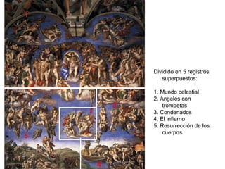 1
2
Dividido en 5 registros
superpuestos:
1. Mundo celestial
2. Ángeles con
trompetas
3. Condenados
4. El infierno
5. Resurrección de los
cuerpos
4
3
5
 