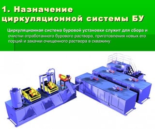1. Назначение1. Назначение
циркуляционной системы БУциркуляционной системы БУ
Циркуляционная система буровой установки служит для сбора иЦиркуляционная система буровой установки служит для сбора и
очистки отработанного бурового раствора, приготовления новых егоочистки отработанного бурового раствора, приготовления новых его
порций и закачки очищенного раствора в скважинупорций и закачки очищенного раствора в скважину
 