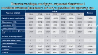 Перелік статей
Роки
Разом
2016 2017 2018 2019 2020 2021 2022
Заробітна плата працівників 108000 108000 108000 108000 108000 108000 108000 756000
Відрахування ЄСВ: 43092 43092 43092 43092 43092 43092 43092 301644
- утримання ЄСВ 3888 3888 3888 3888 3888 3888 3888 27216
- нарахування ЄСВ 39204 39204 39204 39204 39204 39204 39204 274428
Податок на доходи фізичних
осіб
15617 15617 15617 15617 15617 15617 15617 109319
Податок на додану вартість: - - - - - - - -
- податкове зобов’язання - - - - - - - -
- податковий кредит - - - - - - - -
Всього, в т.ч.: 58707 58707 58707 58707 58707 58707 58707 410949
- бюджет 15617 15617 15617 15617 15617 15617 15617 109319
- фонди 43092 43092 43092 43092 43092 43092 43092 301644
 