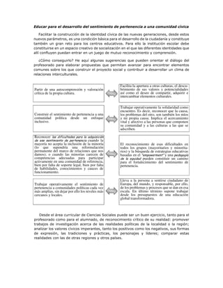 Educar para el desarrollo del sentimiento de pertenencia a una comunidad cívica
Facilitar la construcción de la identidad cívica de las nuevas generaciones, desde estos
nuevos parámetros, es una condición básica para el desarrollo de la ciudadanía y constituye
también un gran reto para los centros educativos. Para ello la institución escolar debe
constituirse en un espacio creativo de socialización en el que las diferentes identidades que
allí confluyen puedan entrar en un juego de mutuo reconocimiento y comprensión.
¿Cómo conseguirlo? He aquí algunas sugerencias que pueden orientar el diálogo del
profesorado para elaborar propuestas que permitan avanzar para encontrar elementos
comunes sobre los que construir el proyecto social y contribuir a desarrollar un clima de
relaciones interculturales.
Desde el área curricular de Ciencias Sociales puede ser un buen ejercicio, tanto para el
profesorado como para el alumnado, de reconocimiento crítico de su realidad: promover
trabajos de investigación acerca de las realidades políticas de la localidad o la región;
analizar los valores cívicos imperantes, tanto los positivos como los negativos, sus formas
de expresión, las tradiciones y prácticas, los personajes y líderes; comparar estas
realidades con las de otras regiones y otros países.
Partir de una autocomprensión y valoración
crítica de la propia cultura.
Construir el sentimiento de pertenencia a una
comunidad política desde un enfoque
inclusivo.
Reconocer las dificultades para la adquisición
de ese sentimiento de pertenencia cuando la
mayoría no acepta la inclusión de la minoría
(lo que supondría una reformulación
permanente del marco de relaciones que nos
damos); o cuando las minorías carecen de
competencias adecuadas para participar
activamente en una comunidad de referencia,
bien por falta de soporte legal, bien por falta
de habilidades, conocimientos y cauces de
funcionamiento.
Trabajar operativamente el sentimiento de
pertenencia a comunidades políticas cada vez
más amplias, sin dejar por ello los niveles más
cercanos y locales.
Facilita la apertura a otras culturas, el descu-
brimiento de sus valores y potencialidades
así como el deseo de compartir, adquirir e
intercambiar elementos culturales.
Trabajar operativamente la solidaridad como
encuentro. Es decir, reconocer que la causa,
los problemas del otro, son también los míos
y mi propia causa. Implica el acercamiento
vital y afectivo a las personas que componen
su comunidad y a las culturas a las que se
adscriben.
El reconocimiento de esas dificultades en
todos los grupos (mayoritarios y minorita-
rios) y la búsqueda de estrategias educativas
basadas en el "empowerment” y una pedagogía
de la equidad pueden constituir un camino
para el fortalecimiento del sentimiento de
pertenencia.
Lleva a la persona a sentirse ciudadano de
Europa, del mundo, y responsable, por ello,
de los problemas y procesos que se dan en esa
escala. En último término supone trabajar
desde los presupuestos de una educación
global transformadora.
 