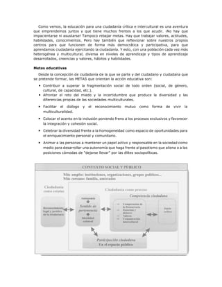 Como vemos, la educación para una ciudadanía crítica e intercultural es una aventura
que emprendemos juntos y que tiene muchos frentes a los que acudir. ¡No hay que
impacientarse ni asustarse! Tampoco rebajar metas. Hay que trabajar valores, actitudes,
habilidades, conocimientos. Pero hay también que reflexionar sobre nuestros propios
centros para que funcionen de forma más democrática y participativa, para que
aprendamos ciudadanía ejercitando la ciudadanía. Y esto, con una población cada vez más
heterogénea y multicultural, diversa en niveles de aprendizaje y tipos de aprendizaje
desarrollados, creencias y valores, hábitos y habilidades.
Metas educativas
Desde la concepción de ciudadanía de la que se parte y del ciudadano y ciudadana que
se pretende formar, las METAS que orientan la acción educativa son:
• Contribuir a superar la fragmentación social de todo orden (social, de género,
cultural, de capacidad, etc.).
• Afrontar el reto del miedo y la incertidumbre que produce la diversidad y las
diferencias propias de las sociedades multiculturales.
• Facilitar el diálogo y el reconocimiento mutuo como forma de vivir la
multiculturalidad.
• Colocar el acento en la inclusión poniendo freno a los procesos exclusivos y favorecer
la integración y cohesión social.
• Celebrar la diversidad frente a la homogeneidad como espacio de oportunidades para
el enriquecimiento personal y comunitario.
• Animar a las personas a mantener un papel activo y responsable en la sociedad como
medio para desarrollar una autonomía que haga frente al pasotismo que aliena o a las
posiciones cómodas de "dejarse llevar" por las élites sociopolíticas.
 