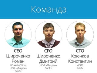 Команда
CEO
Широченко
Роман
UC Web(China)
НПФ «Микран»
Subfix
CFO
Широченко
Дмитрий
НПФ «Микран»
Subfix
CTO
Крючков
Константин
ИСИБ
Subfix
 