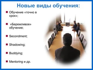  Обучение «точно в
срок»;
«Бережливое»
обучение;
Secondment;
Shadowing;
Buddying;
Mentoring и др.