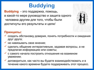 Buddying - это поддержка, помощь,
в какой-то мере руководство и защита одного
человека другим для того, чтобы были
достигнуты его результаты и цели/
Принципы:
создать обстановку доверия, понять потребности и ожидания
друг друга;
не навязывать свое мнение;
сделать общение интерактивным, задавая вопросы, а не
предлагая информацию или советы;
с самого начала построить отношения на взаимном
уважении;
договориться, как часто вы будете взаимодействовать и в
течение какого времени будете поддерживать этот процесс.