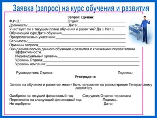 Запрос сделан:
Ф.И.О.:________________________Отдел:_______________________________
Должность:_____________________Дата:________________________________
Участвует ли в текущем плане обучения и развития? Да □ Нет □
Обучающий курс:Дата обучения________________________________________
Предполагаемые участники:____________________________________________
Стоимость:__________________________________________________________
Причины запроса_____________________________________________________
Ожидаемая польза данного обучения и развития с ключевыми показателями
эффективности
Индивидуальный уровень__________________________________________
Уровень Отдела:__________________________________________________
Уровень компании:________________________________________________
Руководитель Отдела: Подпись:
Утверждено
Запрос на обучение и развитие может быть направлен на рассмотрение Генеральному
директору
Одобрено на текущий финансовый год Сотрудник Отдела персонала
Перенесено на следующий финансовый год Подпись:
Не одобрено Дата: