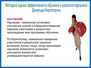 НАУЧЕНИЕ.
Научение - изменение установок,
улучшение знаний и совершенствование
навыков участников в результате
прохождения ими программы обучения.
По Киркпатрику, изменение поведения
участников в результате тренинга
возможно только тогда, когда произойдет
научение (изменятся установки,
улучшатся знания или
усовершенствуются навыки).