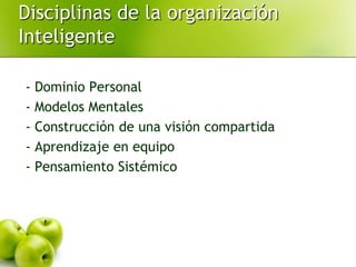 Disciplinas de la organización
Inteligente
- Dominio Personal
- Modelos Mentales
- Construcción de una visión compartida
- Aprendizaje en equipo
- Pensamiento Sistémico
 