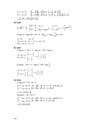 210




>−
≤−
02
32
2
2
x
x
;
( )( )
( )( )



>+−
≤+−
022
055
xx
xx [ ]
( ) ( )



+∞−∞−∈
−∈
;22;
5;5
Ux
x
[ ) ( ]5;22;5 U−−∈x .
№ 1224
1)
2
1
lg <x ,




<
≥
4
1
lg
0lg
x
x
;




<
≥
4
1
10lglg
1
x
x
;




<
≥
4
1
10
1
x
x






∈ 4
1
10;1x
2) log1/2x < log1/2(2x + 6) + 2, ( )62
4
1
loglog
2
1
2
1 +< xx ,




+>
>+
>
624
062
0
xx
x
x




>
−>
>
3
3
0
x
x
x
x ∈ (3; +∞).
№ 1225
1) log0,5(1 + 2x) > -1, log0,5(1 + 2x) > log0,52



<+
>+
221
021
x
x






<
−>
2
1
2
1
x
x






−∈
2
1
;
2
1
x ;
2) log3(1 – 2x) < -1, log3(1 – 2x) < log3
3
1
,




<−
>−
3
1
21
021
x
x






>
<
3
1
2
1
x
x






∈
2
1
;
3
1
x .
№ 1226
1) log0,5(x2
– 5x + 6) > -1




<+−
>+−
265
065
2
2
xx
xx ( )( )
( )( )


<−−
>−−
041
023
xx
xx ( ) ( )
( )


∈
+∞∞−∈
4;1
;32;
x
x U
x ∈ (1; 2) U (3; 4);
2) log8(x2
– 4x + 3) ≤ 1




≤+−
>+−
834
034
2
2
xx
xx ( )( )
( )( )


≤−+
>−−
051
031
xx
xx ( ) ( )
[ ]


−∈
+∞∞−∈
5;1
;31;
x
x U
[ ) ( ]5;31;1 U−∈x .
www.5balls.ru
 