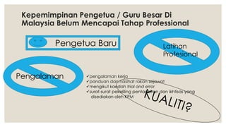 Kepemimpinan Pengetua / Guru Besar Di
Malaysia Belum Mencapai Tahap Professional
Pengetua Baru
pengalaman kerja
panduan dan nasihat rakan sejawat
mengikut kaedah trial and error
surat-surat pekeliling pentadbiran dan ikhtisas yang
disediakan oleh KPM
Pengalaman
Latihan
Profesional
 