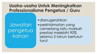 Usaha-usaha Untuk Meningkatkan
Professionalisme Pengetua / Guru
Besar
•dianugerahkan
•perkhidmatan yang
cemerlang iaitu markah
prestasi melebihi 90%
selama 3 tahun berturut-
turut
Jawatan
pengetua
kanan
 