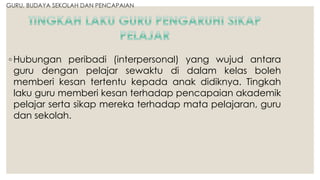 GURU, BUDAYA SEKOLAH DAN PENCAPAIAN
◦ Hubungan peribadi (interpersonal) yang wujud antara
guru dengan pelajar sewaktu di dalam kelas boleh
memberi kesan tertentu kepada anak didiknya. Tingkah
laku guru memberi kesan terhadap pencapaian akademik
pelajar serta sikap mereka terhadap mata pelajaran, guru
dan sekolah.
 