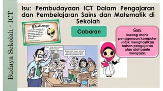 Isu: Pembudayaan ICT Dalam Pengajaran
dan Pembelajaran Sains dan Matematik di
Sekolah
BudayaSekolah-ICT
Guru
kurang mahir
penggunaan komputer
untuk menghasilkan
bahan pengajaran
atau alat bantu
mengajar.
Cabaran
 
