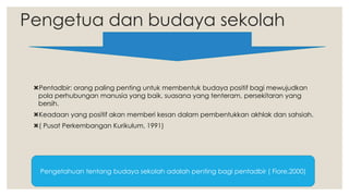 Pengetua dan budaya sekolah
Pentadbir: orang paling penting untuk membentuk budaya positif bagi mewujudkan
pola perhubungan manusia yang baik, suasana yang tenteram, persekitaran yang
bersih.
Keadaan yang positif akan memberi kesan dalam pembentukkan akhlak dan sahsiah.
( Pusat Perkembangan Kurikulum, 1991)
Pengetahuan tentang budaya sekolah adalah penting bagi pentadbir ( Fiore,2000)
 