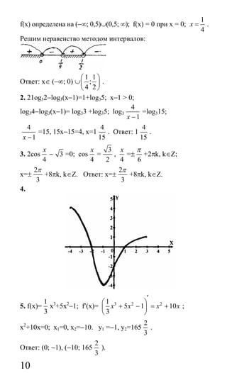 10
f(х) определена на (−∞; 0,5)∪(0,5; ∞); f(x) = 0 при x = 0;
1
4
х = .
Решим неравенство методом интервалов:
Ответ: x∈ (−∞; 0)
1 1
;
4 2
⎛ ⎞
∪⎜ ⎟
⎝ ⎠
.
2. 21og32−log3(x−1)=1+log35; x−1 > 0;
log34−log3(x−1)= log33 +log35; log3
4
1x −
=log315;
4
1x −
=15, 15x−15=4, x=1
4
15
. Ответ: 1
4
15
.
3. 2cos
4
x
− 3 =0; cos
4
x
=
3
2
,
4
x
=±
6
π
+2πk, k∈Z;
x=±
2
3
π
+8πk, k∈Z. Ответ: x=±
2
3
π
+8πk, k∈Z.
4.
5. f(x)=
1
3
x3
+5x2
−1; f′(x)= 3 2 21
5 1 10
3
х х х х
′
⎛ ⎞
+ − = +⎜ ⎟
⎝ ⎠
;
x2
+10x=0; x1=0, x2=−10. y1 =−1, y2=165
2
3
.
Ответ: (0; −1), (−10; 165
2
3
).
Сайт егэурок (egeurok.ru)
 