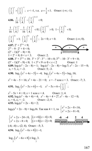 167
1
1 1
;
2 2
x −
⎛ ⎞ ⎛ ⎞
>⎜ ⎟ ⎜ ⎟
⎝ ⎠ ⎝ ⎠
х < -1, т.к.
1
1.
2
a = < Ответ: (-∞; -1).
4.86.
3 2
1 1 1
0;
16 4 4
x x+
⎛ ⎞ ⎛ ⎞
⋅ − <⎜ ⎟ ⎜ ⎟
⎝ ⎠ ⎝ ⎠
3 2 2
1 1 1 1 1 1
0| : 0; 1 0;
16 4 16 4 4 4
x x x x+
⎛ ⎞ ⎛ ⎞ ⎛ ⎞ ⎛ ⎞
⋅ − ⋅ < > − <⎜ ⎟ ⎜ ⎟ ⎜ ⎟ ⎜ ⎟
⎝ ⎠ ⎝ ⎠ ⎝ ⎠ ⎝ ⎠
2 2 0
1 1 1
1; ;
4 4 4
x x
⎛ ⎞ ⎛ ⎞ ⎛ ⎞
> >⎜ ⎟ ⎜ ⎟ ⎜ ⎟
⎝ ⎠ ⎝ ⎠ ⎝ ⎠
2х < 0; x < 0. Ответ: (-∞; 0).
4.87. 2х
+ 23-х
< 9;
22x
– 9 ⋅ 2x
+ 8 < 0;
(2x
– 1)(2x
– 8) < 0;
1 < 2x
< 8; 0 < x < 3. Ответ: 2.
4.88. 3х
+ 32-x
< 10; 3x
+ 32
⋅ 3-x
– 10 < 0; 32x
– 10 ⋅ 3x
+ 9 < 0;
(3x
– 1)(3x
– 9) < 0; 1 < 3х
< 9 ⇒ 0 < х < 2 Ответ: 1
4.89. log7(x2
– 2x – 8) = 1; log7(x2
– 2x – 8) = log77; x2
– 2х – 15 = 0;
х1 = 5, х2 = -3. Ответ: 5; -3.
4.90. ( )2
1
2
log 4 5 4;x x+ − = − ( )2
1 1
2 2
log 4 5 log 16;x x+ − =
х2
+ 4х – 5 = 16; х2
+ 4х – 21 = 0; х = –7 или х = 3. Ответ: -7; 3.
4.91. ( )2
1
2
log 5 6 1;x x− + = −
1
2 1
5 6 ;
2
x x
−
⎛ ⎞
− + = ⎜ ⎟
⎝ ⎠
х2
– 5х + 4 = 0; х = 1 или х = 4. Ответ: 1; 4.
4.92. log2(x2
– 4x + 4) = 4; х2
– 4х + 4 = 24
; х2
– 4х – 12 = 0;
х1 = 6, х2 = –2. Ответ: -2; 6.
4.93. log4(x2
+ 2x – 8) < 2;
log4(x2
+ 2x – 8) < log416. Так как 4 > 1, то
2
2
2 8 16,
2 8 0;
x x
x x
⎧ + − <
⎨
+ − >⎩
2
2
2 24 0,
2 8 0;
x x
x x
⎧ + − <
⎨
+ − >⎩
( )( )
( )( )
6 4 0,
4 2 0;
x x
x x
+ − <⎧
⎨
+ − >⎩
(-6; -4) ∪ (2; 4). Ответ: –5; 3.
4.94. ( )2
1
3
log 6 8 1;x x− + ≥ −
( )2
1 1
3 3
log 6 8 log 3.x x− + ≥
+ +-
1 8
-6 -4 2 4
Сайт егэурок (egeurok.ru)
 