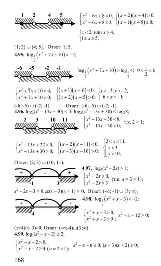 168
2
2
6 8 0,
6 8 3;
x x
x x
⎧ − + >
⎨
− + ≤⎩
( )( )
( )( )
2 4 0,
1 5 0;
x x
x x
− − >⎧
⎨
− − ≤⎩
{ 2 4,
1 5;
x x
x
< >
≤ ≤
или
[1; 2) ∪ (4; 5]. Ответ: 1; 5.
4.95. ( )2
1
2
log 7 10 2;x x+ + > −
( )2
1 1
2 2
1
log 7 10 log 4; 0 1;
2
x x+ + > < <
( )( )
( )( )
2
2
1 6 0,7 10 4,
2 5 0;7 10 0;
x xx x
x xx x
+ + <⎧⎧ + + <
⎨ ⎨
+ + >+ + >⎩ ⎩
{ 5; 2,
6 1;
x x
x
< − > −
− < < −
(-6; -5) ∪ (-2; -1). Ответ: (-6; -5) ∪ (-2; -1).
4.96. log2(x2
– 13x + 30) < 3; log2(x2
– 13x + 30) < log28;
2
2
13 30 8,
13 30 0;
x x
x x
⎧ − + <
⎨
− + >⎩
т.к. 2 > 1;
2
2
13 22 0,
13 30 0;
x x
x x
⎧ − + <
⎨
− + >⎩
( )( )
( )( )
2 11 0,
3 10 0;
x x
x x
− − <⎧
⎨
− − >⎩
2 11,
3,
10;
x
x
x
< <⎧
⎪
<⎡⎨
⎢⎪ >⎣⎩
Ответ: (2; 3) ∪ (10; 11).
4.97. log3(x2
– 2x) > 1;
2
2
2 0,
2 3
x x
x x
⎧ − >
⎨
− >⎩
(т.к. а = 3 > 1);
х2
– 2х – 3 > 0;сс(х – 3)(х + 1) > 0, Ответ: (-∞; -1) ∪ (3; ∞).
4.98. ( )2
1
3
log 3 2;x x+ − < −
2
2
3 0,
3 9 ;
x x
x x
⎧ + − >
⎨
+ − >⎩
х2
+ х – 12 > 0;
(х+4)(х–3)>0; Ответ: (-∞;-4)∪(3;∞).
4.99. log2(x2
– x – 2) ≥ 2;
( )
2
2
2 0,
2 4 2 1 ;
x x
x x a
⎧ − − >
⎨
− − ≥ = >⎩
х2
– х – 6 ≥ 0; (х – 3)(х + 2) ≥ 0;
1 2 4 5
-6 -5 -2 -1
2 3 10 11
+ +-
-1 3
+ +-
-4 3
Сайт егэурок (egeurok.ru)
 