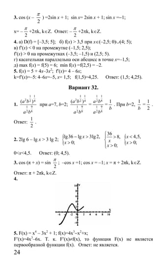 24
3. cos (x –
2
π
) =2sin х + 1; sin x= 2sin x + 1; sin x =−1;
x= –
2
π
+2πk, k∈Z. Ответ: –
2
π
+2πk, k∈Z.
4. а) D(f) = [–3,5; 5]; б) f(x) > 3,5 при x∈(–2,5; 0)∪(4; 5);
в) f′(x) < 0 на промежутке (–1,5; 2,5);
f′(x) > 0 на промежутках (–3,5; –1,5) и (2,5; 5).
г) касательная параллельна оси абсцисс в точке x=–1,5;
д) max f(x) = f(5) = 6; min f(x) =f(2,5) = –2.
5. f(x) = 5 + 4x–3x2
; f′(х)= 4 – 6x;
k=f′(x)=–5: 4–6x=–5, х= 1,5; f(1,5)=4,25. Ответ: (1,5; 4,25).
Вариант 32.
1.
1 1
2 2 4
91
82
( )a b
a b
при a=7, b=2;
1 1
2 2 4
91
82
( )a b
a b
=
11
82
91
82
a b
a b
=
1
b
. При b=2,
1
b
=
1
2
.
Ответ:
1
2
.
2. 2lg 6 – lg x > 3 lg 2; {lg36 lg 3lg2,
0;
x
x
− >
>
36
8,
0;
x
x
⎧
⎪ >
⎨
⎪ >⎩
{ 4,5,
0;
x
x
<
>
0<x<4,5. Ответ: (0; 4,5).
3. cos (π + x) = sin
2
π
; –cos x =1; cos x = –1; x = π + 2πk, k∈Z.
Ответ: π + 2πk, k∈Z.
4.
5. F(x) = x4
– 3х2
+ 1; f(x)=4x3
−x2
+x;
F′(x)=4x3
–6x. Т. к. F′(x)≠f(x), то функция F(x) не является
первообразной функции f(x). Ответ: не является.
Сайт егэурок (egeurok.ru)
 