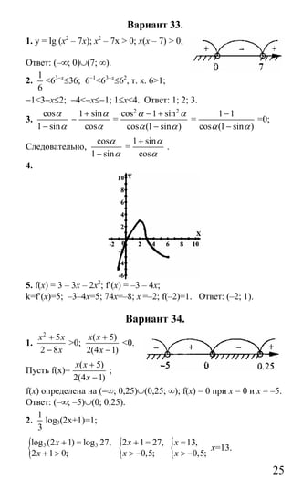25
Вариант 33.
1. у = lg (x2
– 7x); x2
– 7х > 0; х(х – 7) > 0;
Ответ: (–∞; 0)∪(7; ∞).
2.
1
6
<63−x
≤36; 6−1
<63−x
≤62
, т. к. 6>1;
−1<3−x≤2; −4<−x≤−1; 1≤x<4. Ответ: 1; 2; 3.
3.
cos
1 sin
α
α−
−
1 sin
cos
α
α
+
=
2 2
cos 1 sin
cos (1 sin )
α α
α α
− +
−
=
1 1
cos (1 sin )α α
−
−
=0;
Следовательно,
cos
1 sin
α
α−
=
1 sin
cos
α
α
+
.
4.
5. f(х) = 3 – 3x – 2x2
; f′(x) = –3 – 4x;
k=f′(x)=5; –3–4x=5; 74x=–8; x =–2; f(–2)=1. Ответ: (–2; 1).
Вариант 34.
1.
2
5
2 8
x x
x
+
−
>0;
( 5)
2(4 1)
x x
x
+
−
<0.
Пусть f(x)=
( 5)
2(4 1)
x x
x
+
−
;
f(x) определена на (−∞; 0,25)∪(0,25; ∞); f(х) = 0 при x = 0 и x = –5.
Ответ: (–∞; –5)∪(0; 0,25).
2.
1
3
log3(2x+1)=1;
{ 3 3log (2 1) log 27,
2 1 0;
x
x
+ =
+ > {2 1 27,
0,5;
x
x
+ =
> − { 13,
0,5;
x
x
=
> −
x=13.
Сайт егэурок (egeurok.ru)
 