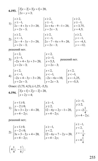 255
6.193.
2 2 3 1 20,
2 3;
x y
x y
− + + =⎧
⎨
− =⎩
1)
2, 2, 2,
1, 1, 1,
2 4 3 3 20, 2 6 9 1 20, 3,75,
2 3; 2 3; 4,5;
x x x
y y y
x y x x x
y x y x y
≥ ≥ ≥⎧ ⎧ ⎧
⎪ ⎪ ⎪≥ − ≥ − ≥ −⎪ ⎪ ⎪
⎨ ⎨ ⎨− + + = + − − = =⎪ ⎪ ⎪
= − = − =⎪ ⎪ ⎪⎩ ⎩ ⎩
2)
2, 2, 2,
1, 1, 1,
2 4 3 3 20, 2 7 6 9 20, 4,5,
2 3; 2 3; 12;
x x x
y y y
x y x x x
y x y x y
≥ ≥ ≥⎧ ⎧ ⎧
⎪ ⎪ ⎪< − < − < −⎪ ⎪ ⎪
⎨ ⎨ ⎨− − − = − − + = = −⎪ ⎪ ⎪
= − = − = −⎪ ⎪ ⎪⎩ ⎩ ⎩
решений нет.
3)
2, 2,
1, 1,
2 4 3 3 20, 5,5,
2 3; 2 3;
x x
y y
x y x
y x y x
< <⎧ ⎧
⎪ ⎪≥ − ≥ −⎪ ⎪
⎨ ⎨− + + + = =⎪ ⎪
= − = −⎪ ⎪⎩ ⎩
решений нет.
4)
2, 2, 2,
1, 1, 1,
2 4 3 3 20, 2 6 10, 1,25,
2 3; 2 3; 5,5;
x x x
y y y
x y x x x
y x y x y
< < <⎧ ⎧ ⎧
⎪ ⎪ ⎪< − < − < −⎪ ⎪ ⎪
⎨ ⎨ ⎨− + − − = − − = = −⎪ ⎪ ⎪
= − = − = −⎪ ⎪ ⎪⎩ ⎩ ⎩
Ответ: (3,75; 4,5); (-1,25; -5,5).
6.194.
3 1 2 2 20,
2 4;
x y
x y
+ + − =⎧
⎨
+ =⎩
1)
1 0, 1,
2 0, 2,
3 3 2 4 20, 12 6 2 1 20,
4 2 ; 4 2 ;
x x
y y
x y y y
x y x y
+ ≥ ≥ −⎧ ⎧
⎪ ⎪− ≥ ≥⎪ ⎪
⎨ ⎨+ + − = − + − =⎪ ⎪
= − = −⎪ ⎪⎩ ⎩
1,
2,
1
2 ,
4
4 2 ;
x
y
y
x y
≥ −⎧
⎪ ≥
⎪
⎨ = −⎪
⎪ = −⎩
решений нет;
2)
1 0, 1,
2 0, 2,
3 3 2 4 20, 12 6 7 2 20,
4 2 ; 4 2 ;
x x
y y
x y y y
x y x y
+ ≥ ≥ −⎧ ⎧
⎪ ⎪− < <⎪ ⎪
⎨ ⎨+ − + = − + − =⎪ ⎪
= − = −⎪ ⎪⎩ ⎩
1,
2,
1
,
8
1
4
4
x
y
y
x
≥ −⎧
⎪ <
⎪⎪
= −⎨
⎪
⎪ =
⎪⎩
1 1
4 ;
4 8
⎛ ⎞
−⎜ ⎟
⎝ ⎠
;
Сайт егэурок (egeurok.ru)
 